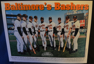 The 1996 Baltimore Orioles and their home run totals (left to right) Roberto Alomar (22), Todd Zeile (25), Chris Hoiles (25), Cal Ripken Jr. (26), Eddie Murray (22), Bobby Bonilla (28), B.J. Surhoff (21), Brady Anderson (50) and Rafael Palmeiro (39).